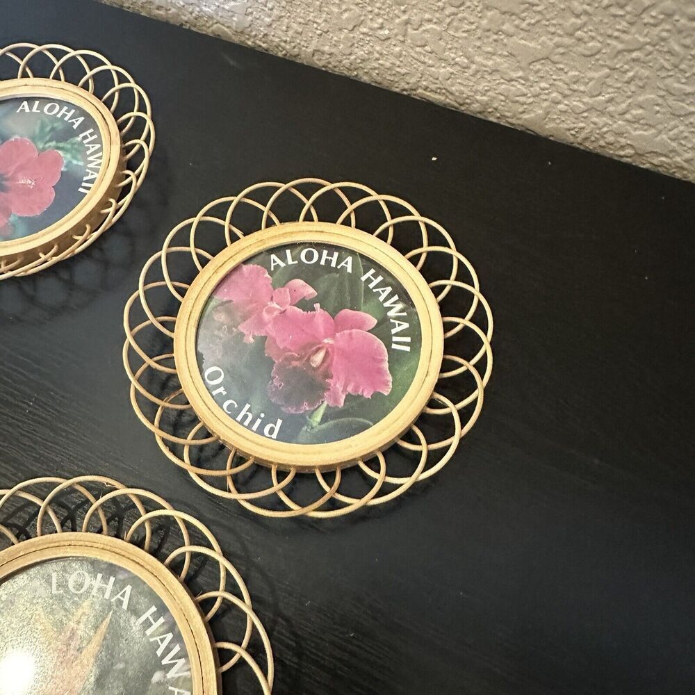Vintage Wicker Framed Flower Coasters Souvenir Hawaii Hibiscus Orchid Bird Of - Picture 3 of 7